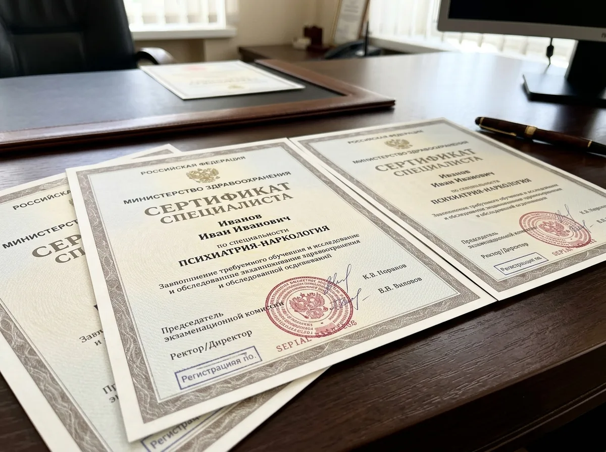 Сертификаты специалистов врачей-наркологов, официальные документы с печатями медицинских учреждений, профессиональный вид